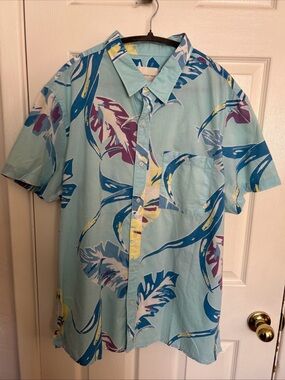 American Eagle Outfitters Blue Tropical Print Short-Sleeve Shirt XXL 100% Cotton